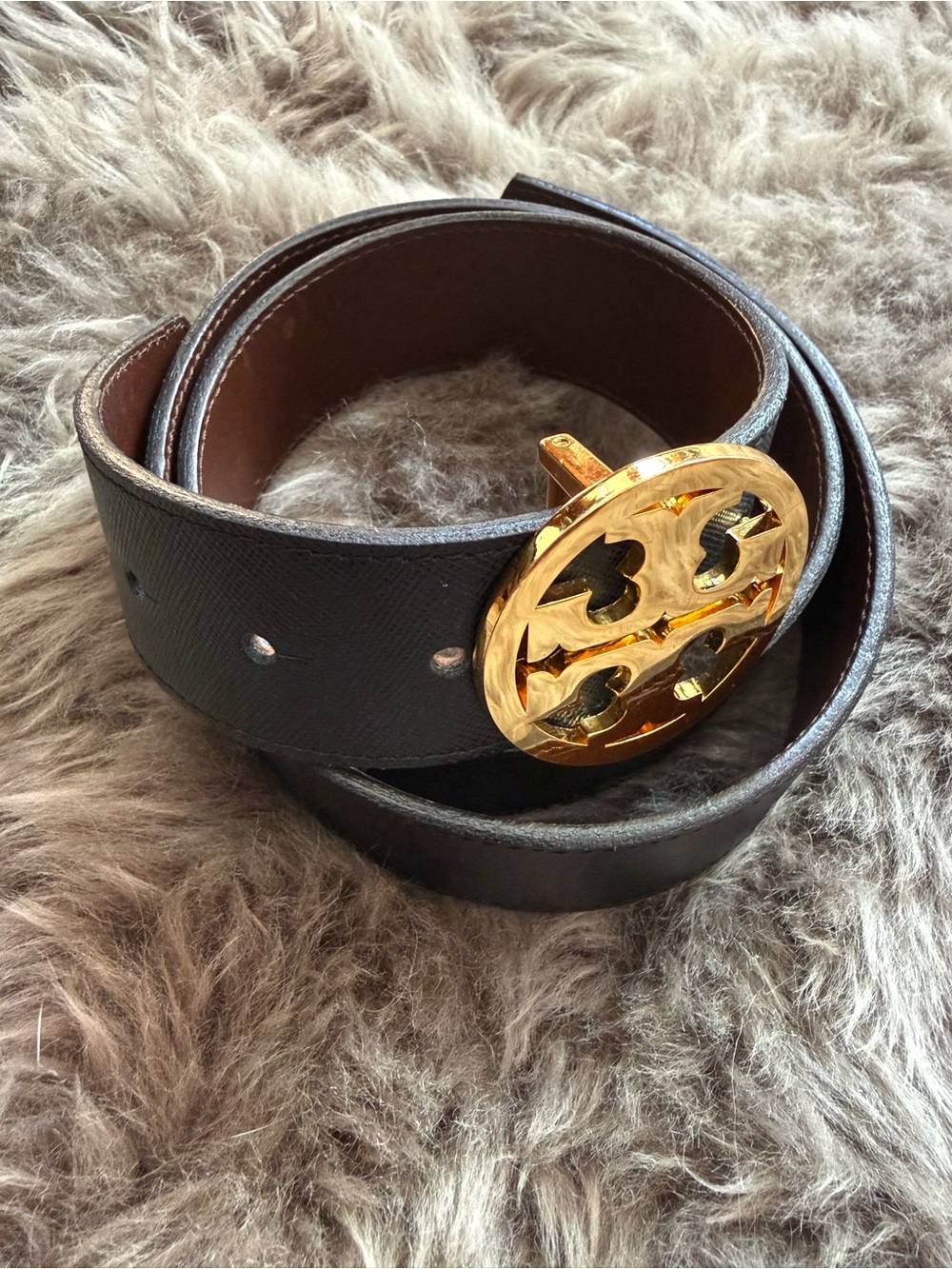 Tory Burch Vintage Reversible Leather Belt with Gold Buckle